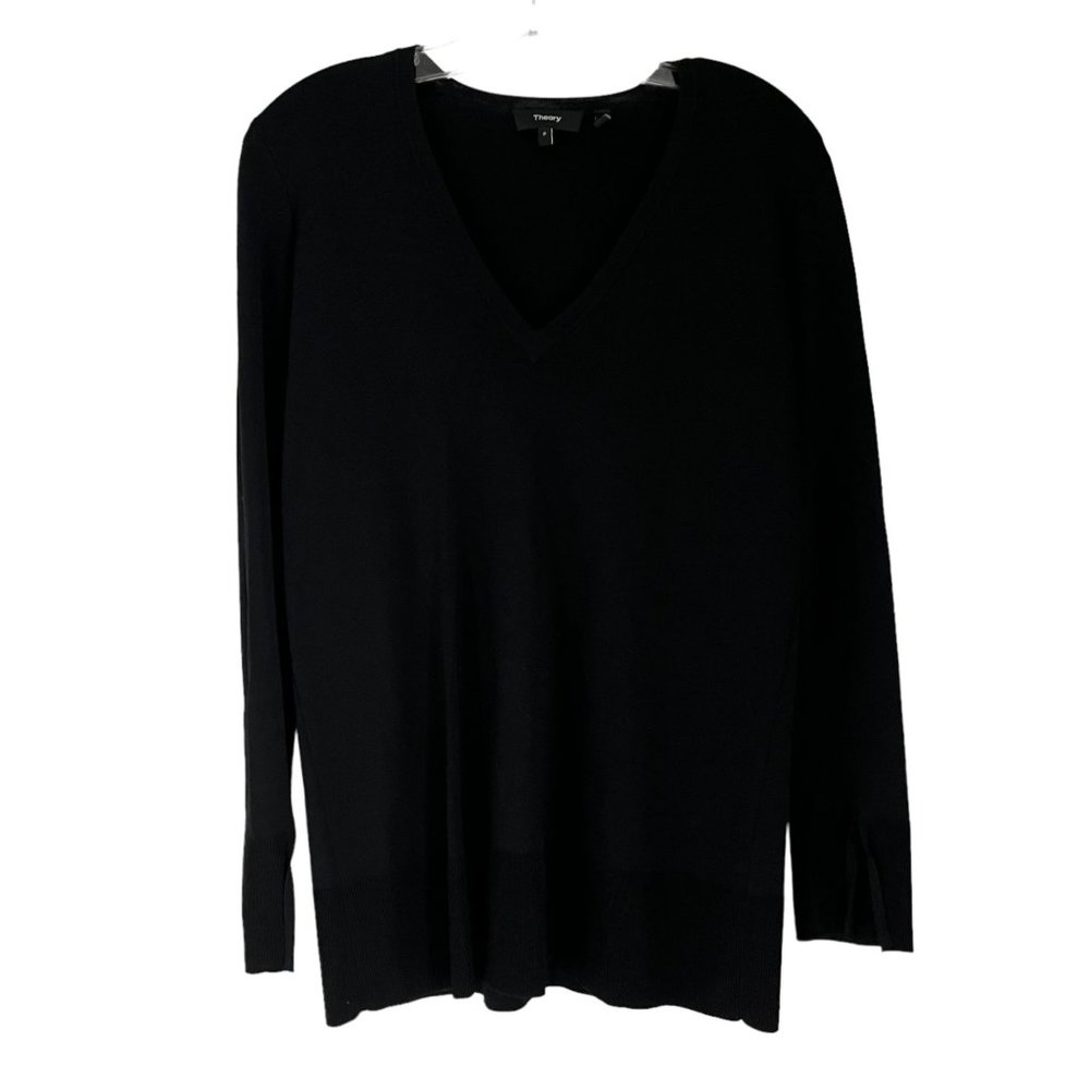 Theory Britona Solid Black V-Neck Long Sleeve Slit Cuff Tunic Sweater Petite P